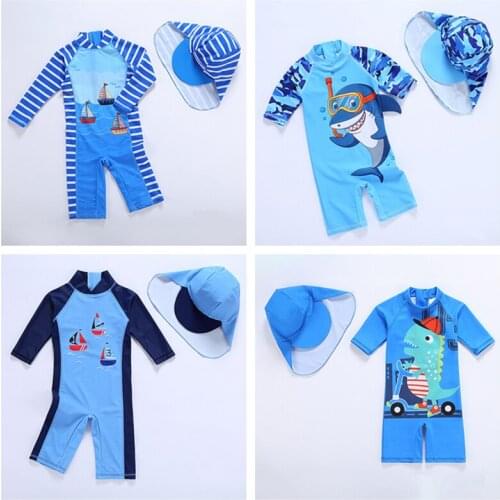 New 2019 Boys Swimsuit Kids Cartoon Shark Swimsuit Kid Boys One Piece Surfing suit Toddler Boys Swimsuit with Hat-SW350mix