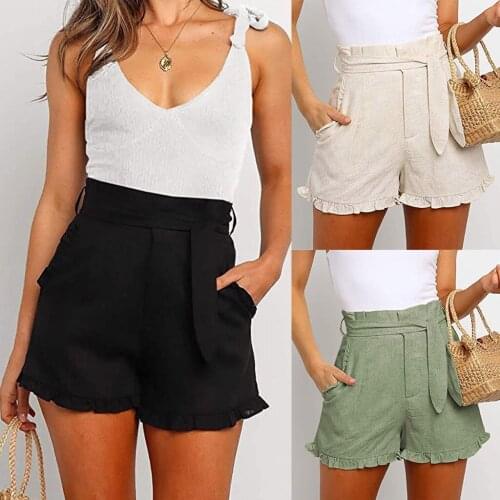 Solid High waisted Belt Knot Ruffles shorts Summer Beach Casual cheap stuff Bermuda Fashion Mini Shorts Womens Drop Shipping