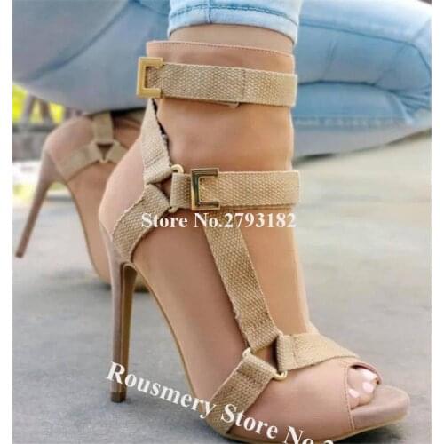 Autumn Fashoin Peep Toe Suede Leather Stiletto Heel Short Gladiator Boots Army Green Black Ankle Booties Dress Heels