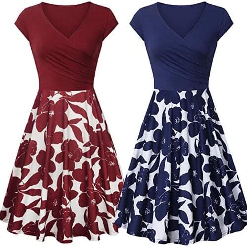 S-XXL New French femininity Womens Short Sleeve Cross V- Neck Dresses Vintage Elegant Flared A-Line Dress shirt dress women F4