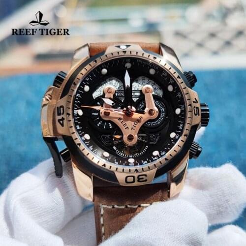 Reef Tiger/RT Genuine Brown Leather Strap Automatic Men Watch Rose Gold Perpetual Calendar Date Day Complicated Mechanical Watch