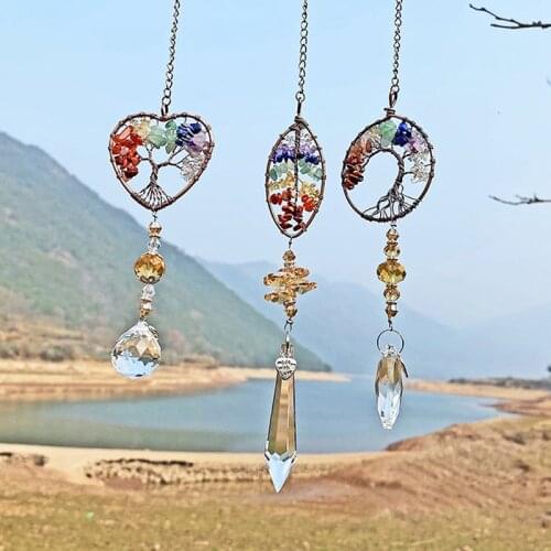 Heart Crystal Tree of Life Suncatcher Healing Natural Stones Hanging Ornament A car accessories decoration