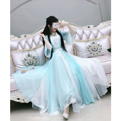 Chiffon Vintage Long Dress Hanfu Dress For Women Traditional Blue Green Purple Antique Photography Party Clothing Classic