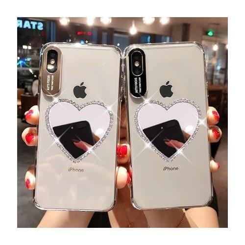 Glitter Diamond Love Heart Mirror Phone Case for Iphone 11 Pro MAX X Xr 6 7 8 6S Plus Xs Max Drop Glue Case Back Cover Coque