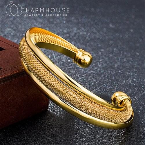 24K Yellow Gold GP Cuff Bangles For Women Geometric Wrist Bracelets & Bangles Adjustable Pulseira Femme Wedding Jewelry
