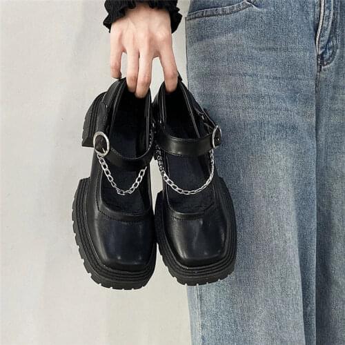 Womens Gothic Punk Chain Shoes Chunky Platform Wedges Square Toe Motorcycle Shoes Fashion Designer Black Leather Flats 2021 New