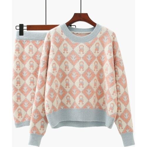 Diamond Pattern Sweater Suit Womens Thick Autumn Winter New Dress Casual Skirt Two Piece Knitting