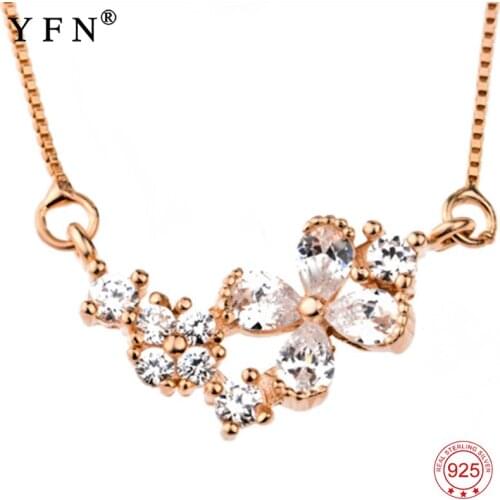YFN Real 925 Sterling Silver Jewelry Cubic Zirconia Flower Pendants Necklace Women Jewelry Rose Gold Color Necklace Womans Gift