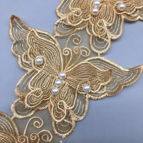 10x Gold Pearl Lace Beaded 7.5X11CM Butterfly Embroidered 3D Flower Lace Trim DIY Applique Fabric Sewing Craft DIY Wedding Dress