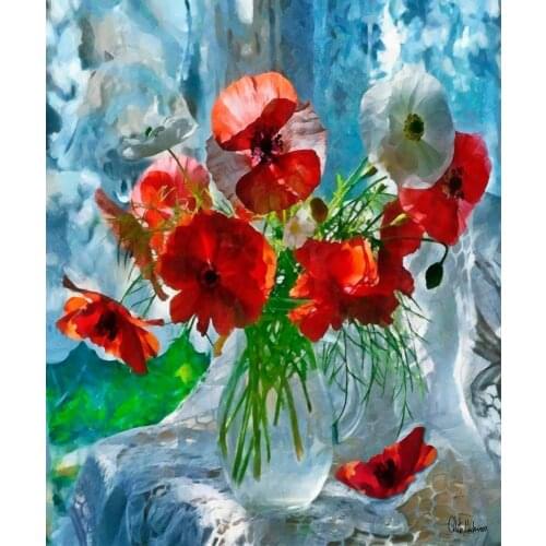 100% Handmade Flower Painting Canvas for Kitchen Wall Decor Still Life with Poppies by Celito Medeiros Still Life Oil Painting