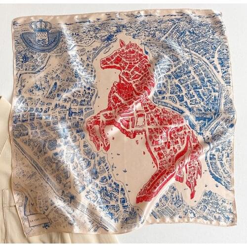 100% Natural Silk Scarf Women Horse Print Square Foulards Neckerchief Female Bandana Hijabs Real Silk Head Scarves Wraps 53CM