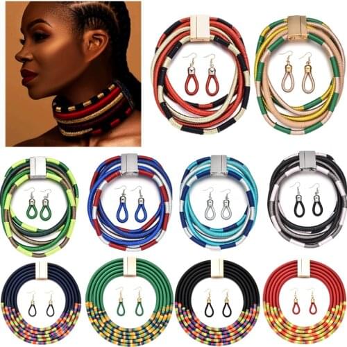 African Style Womens Weave Multilayer Boho Big Choker Statement Necklace Short Collar Necklace for Women Jewelry
