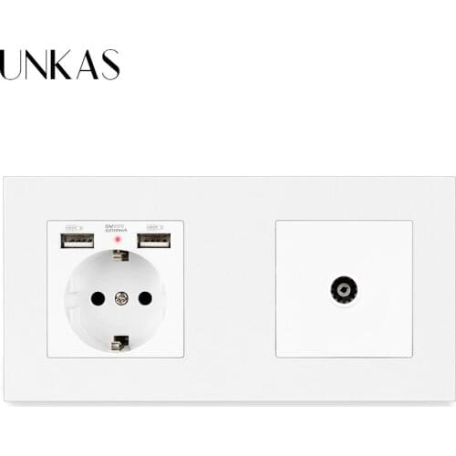 UNKAS Black Plastic Panel EU Standard Electric Socket with 2 USB + Female TV Connector 172*86mm Enchufe Pared USB
