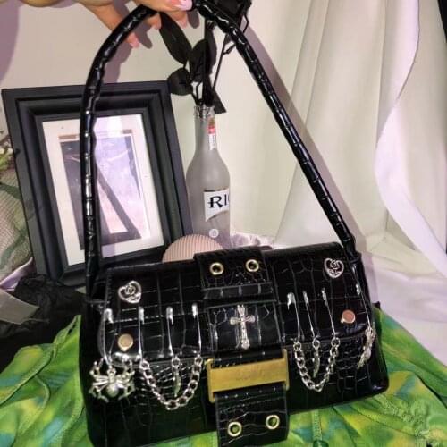 Black Gothic Stylist Skull Dark Rock Cool Girls Bags Womens Original Designer Brand Handmade Cross Patent-leather Shoulder Bags