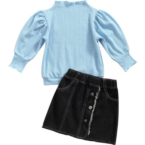 Infant Kids Baby Girl’s Outfits Two Piece Suit Fashion Solid Color Lantern Sleeve T-shirt and Denim Short Skirt 1-6T