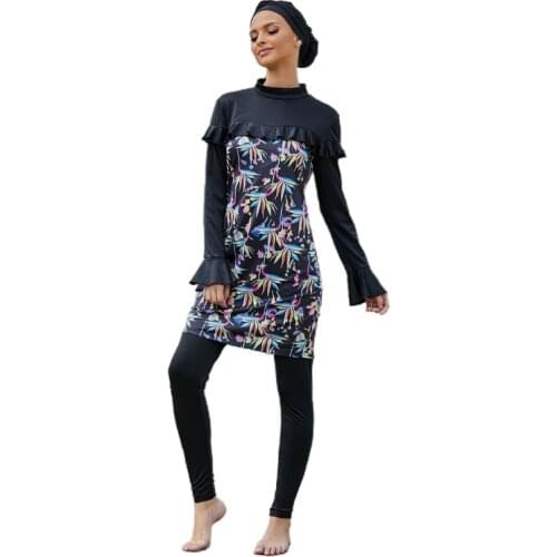 Women Muslim 3pcs Burkini with Hijab Cap Long Sleeve Ruffled Modest Swimsuit Islamic Stand Collar Full Cover Beachwear