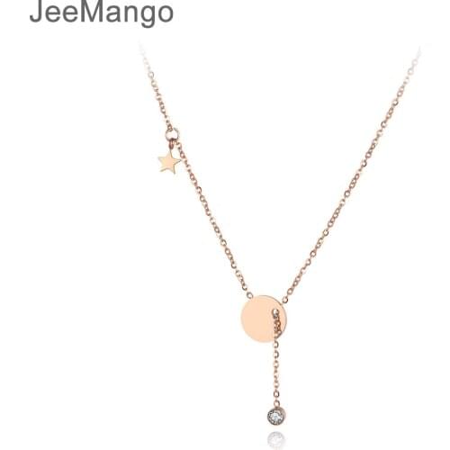 JeeMango Office Stainless Steel Round Tag Star Pendant Necklaces Jewelry Trendy Rhinestone Chokers Necklace For Women N19014