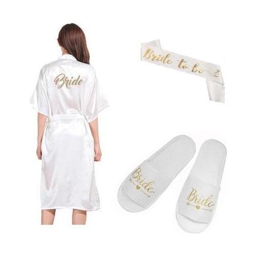 3pc set of rose gold foil printing bride satin short robe women slippers sash getting married Bridal Party 2019 kimono robes