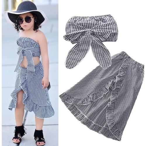Baby Girls Summer Clothes Set 2021 Fashion Plaid Tube Top With Dovetail Skirt Two-piece 3-7 Years Children Clothing Suit