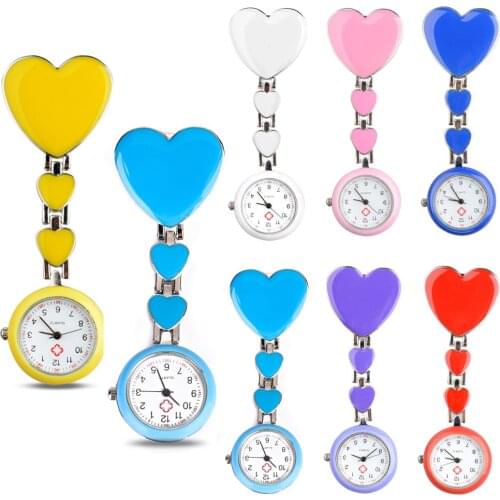 Lovely Heart Shap Nurse Clip On Brooch Fob Pocket Round Dial Clock Stainless Steel Analog Quartz Movement Doctor Watch For Girls