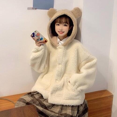 Lugentolo Cute Plush Coat Women Winter Fashion Hooded Loose Jacket Solid Color Pockets Sweet Girls Coats