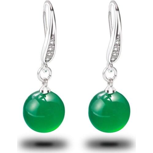 925 Sliver Fashion Jade Jewelry 10mm Beads Earrings Natural Green Agate Accessories DIY Chalcedony Drop for Women Gifts