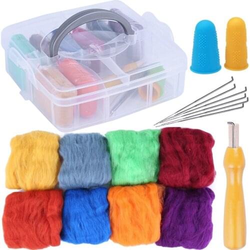 LMDZ 8 Colors Fibre Wool Needle Felting Kit Yarn Roving with Plastic Storage Box DIY Handmade Spinning Craft Wool Accessories