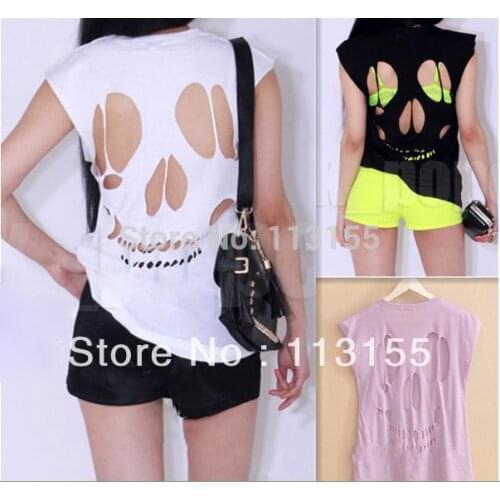 2017 NEW WOMENS LADIES SLEEVELESS LONG CUT OUT BACK SKULL T SHIRT WOMENS TOP Sexy t-shirts