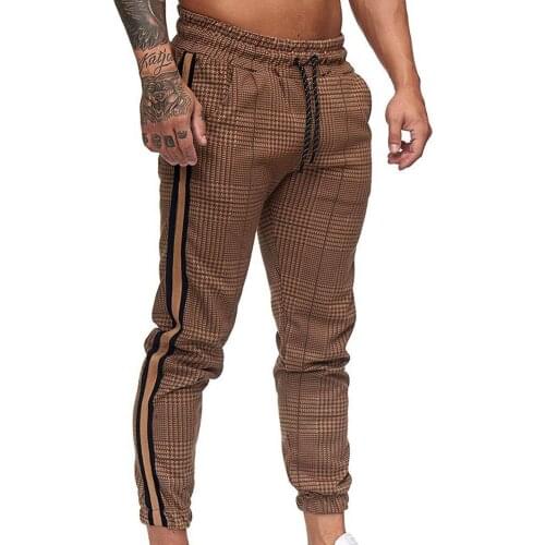 80% 2021 New Men Casual Pocket Stripe Plaid Print Drawstring Long Pants Ankle-Tied Trousers