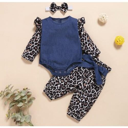 Newborn Clothes For Baby Girls Cotton Long Sleeve Leopard Bodysuits Jumpsuit+Headband+Pants 3 piece Toddler Girls Clothing Sets