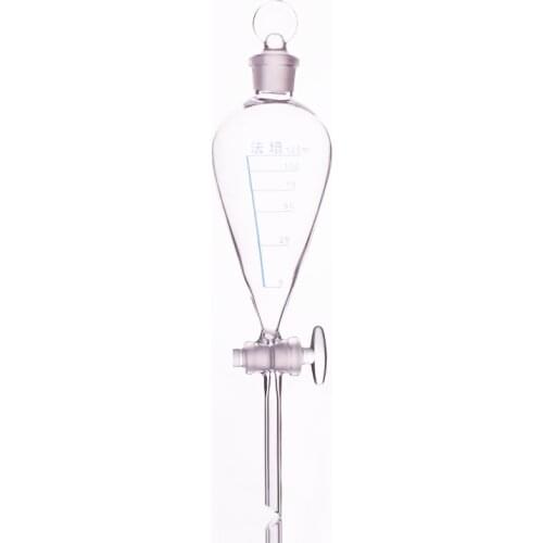 Separatory funnel pear shape,with ground-in glass stopper and stopcock.Capacity 125ml,glass switch valve