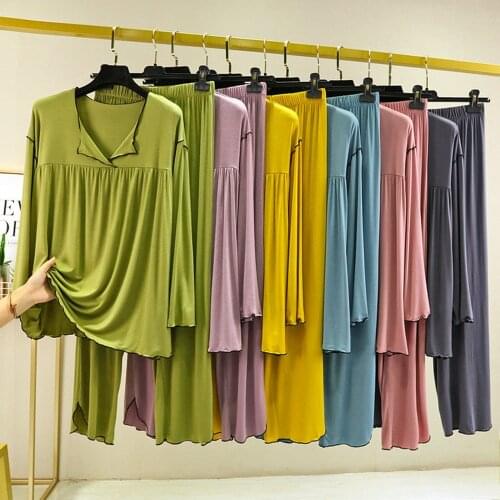 Fdfklak Loose Sleep Lounge Pajamas Set Long Sleeve Top + Trousers Modal Flash Sleepwear Women Night Suits 2021 New Design