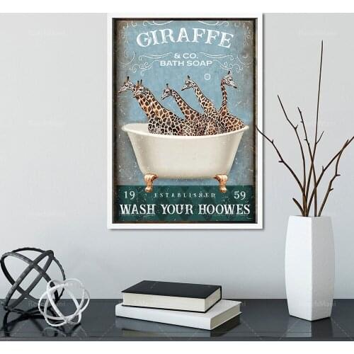 Giraffe bathroom poster, bath soap and wash your hooves canvas, funny giraffe bathroom decoration poster, giraffe print