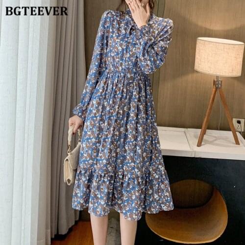 BGTEEVER Elegant Spring Chiffon Dress for Women Bow Neck Floral Print Female Dress 2021 Summer Flare Sleeve A-line Vestidos