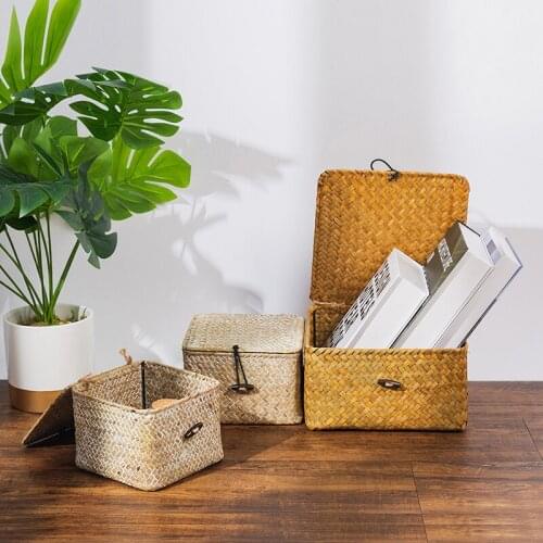 Hand-woven Storage Baskets Rattan Laundry Basket Rectangular Storage Box with Lid Sundries Organizer Home Storage Container