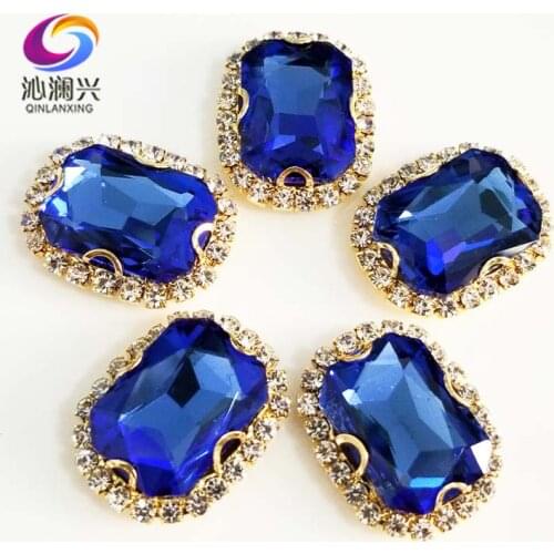 Gold bottom Light blue Rectangle shape top quality glass crystal buckle,sew on rhinestones for diy jewelry accessories SWCBG12