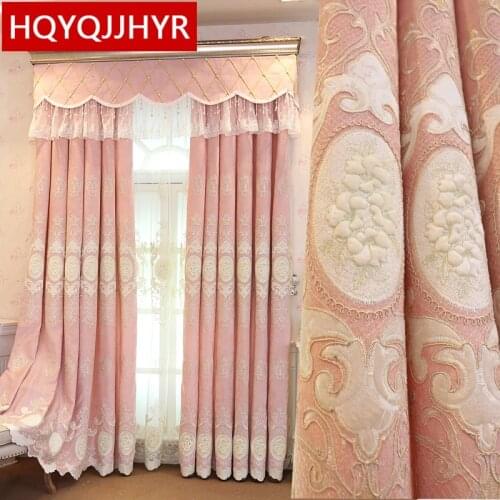 New luxury chenille embroidered curtains finished custom for living room high quality pink blue curtains for bedroom girls room
