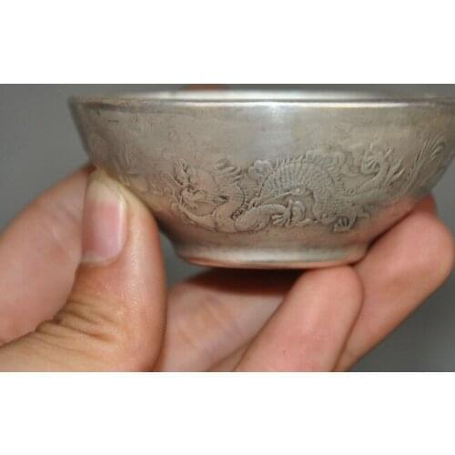 Collect Old China Tibetan Silver Dragons Dragon Loong Statue Tea Cup Bowl Collection Ornaments Statues for Decoration