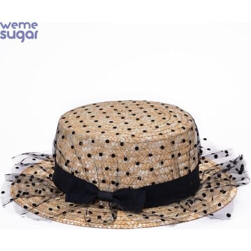 WeMe Straw Hat with Flat Top Summer Outing Beach Straw Hat With Lace and Bowknot