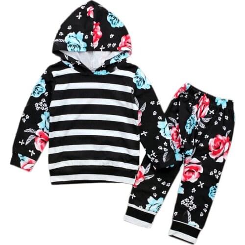 Baby Girls Floral Hoodies Pants Clothing Sets Black White Striped Tops Kids Sweatshirts Long Pants INS Cute Tracksuit 2-6Y CS41