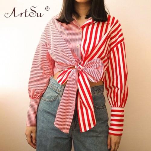 ArtSu Patchwork Shirts Striped Polka Dot Print Fashion Lady Front Bow Tie Up Crop Tops Long Sleeve Button Up Slim Women Blouses