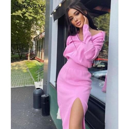 High Quality Autumn 2021 WomenS Knitted Elegant 2 Two-Piece Set Sexy V-Neck Pullover + High Waist Split Skirt Casual Set