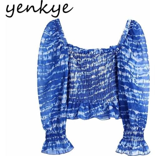 YENKYE Blue Tie Dye Print Elastic Crop Top Women Sexy Square Neck Long Sleeve Chiffon Summer Blouse Fashion Blusas