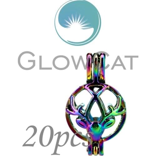 20x CC394 Rainbow Colors Christmas Elk Head Beads Cage Jewelry Making Essential Oil Diffuser Pearl Cage Locket Pendant