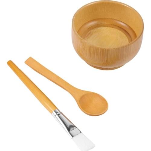 3Pcs DIY Face Mask Mixing Bowl Set Natural Bamboo Bowl with Brush and Spoon facial mask mixing bowl set tool