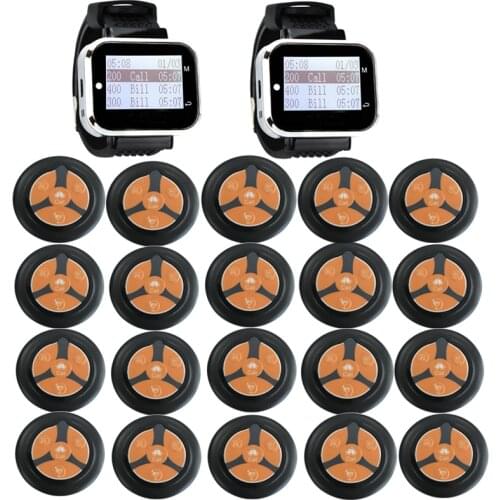 Wireless Paging System 2 Watch Receiver + 20 Super Thin 4 Keys Buttons Transmitter Guest Call for Restaurant Service