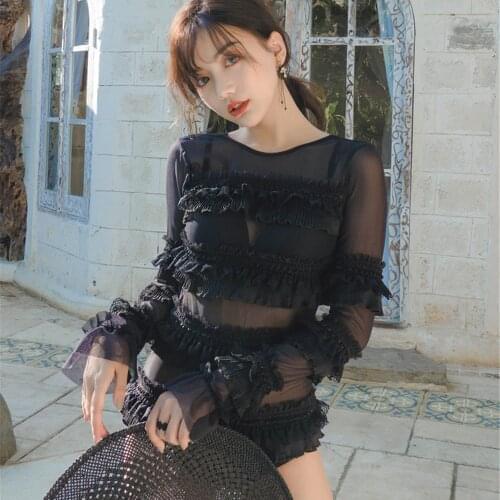 Long Sleeve One Piece Swimsuit Women Solid Swimwear Lace Monokini Push Up Korea Open Back Trikini Ruffle Bathing Suit Bandage