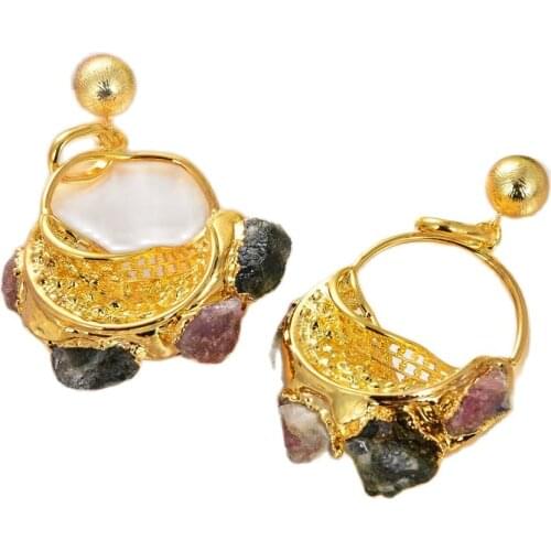 GG Jewelry Natural Colorful Tourmalines Rough Dangle Bohemia Gold Color Plated Stud Earrings