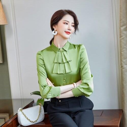 IZICFLY New Style Autumn Spring Stand Beige Green Shirt Women Work Wear Slim Casual Office Fashion Korean Elegant Blouse