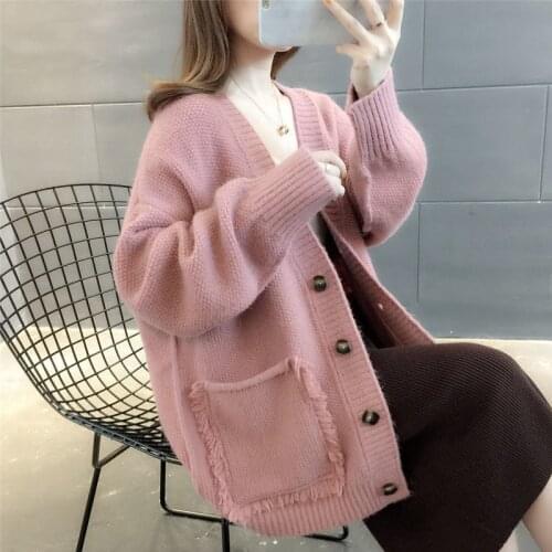 Korean 2021 Autumn Winter New Cardigans V Neck Long Sleeve Big Pocket Single-Breasted Sweater Fashion Knitting Outerwear